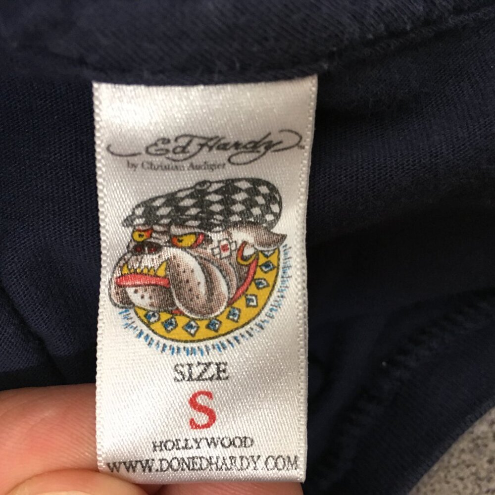 VTG Ed Hardy Graphic T-Shirt Mens S Blue Skull Love Kills Flocked Cotton Y2K USA - Picture 5 of 6